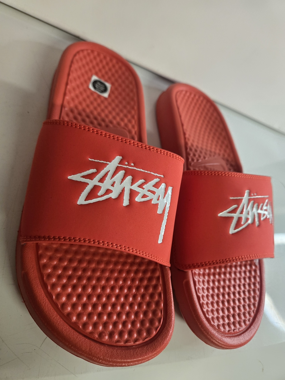 Nike Benassi / Stussy Habanero Red and White Slide Sandals - Picture 3 of 6